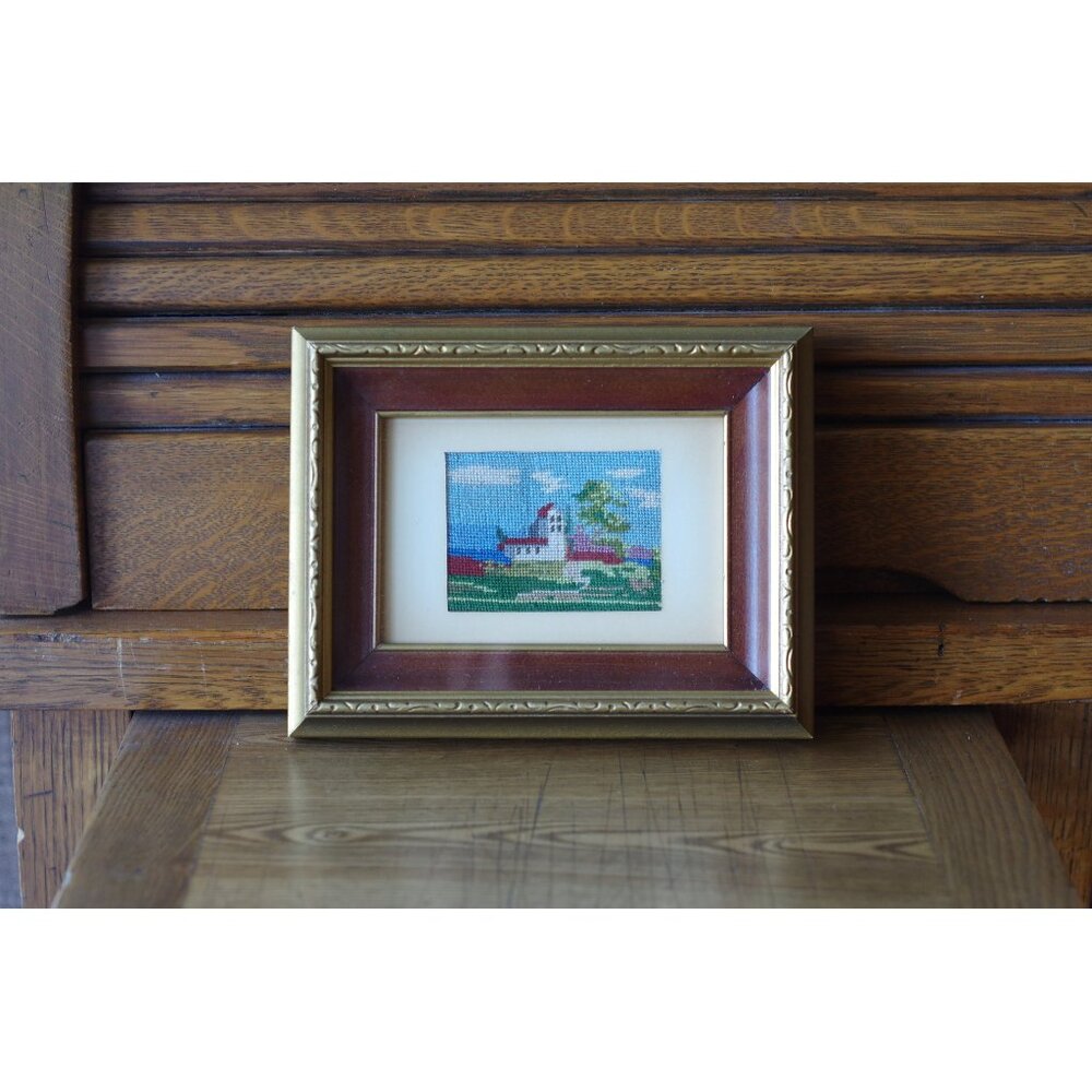 Vintage Framed Needlework, Miniature Embroidery Landscape Needlepoint